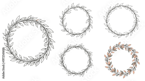 Collection of five hand drawn botanical leaf wreaths featuring delicate branches and foliage for elegant stationery and logo designs.