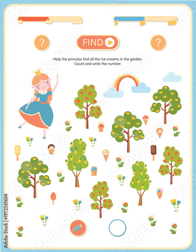 Charming educational “find and count” activity illustration designed for young children. This playful scene features a cute princess in a magical garden filled with colorful trees, flowers, and hidden