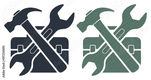 Toolbox, wrench, hammer icons, 2 tools, toolkit, repair symbols, vector set