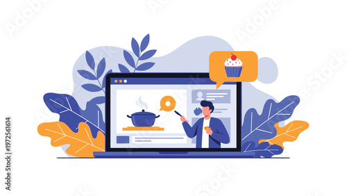 Young man teaching a professional online cooking class through a laptop screen featuring recipes and culinary tips for viewers.