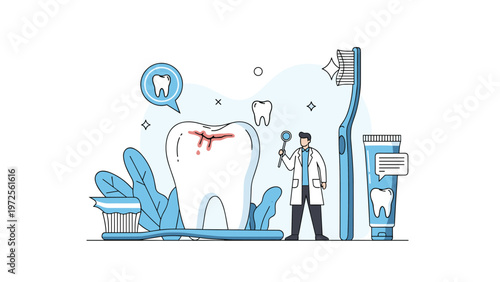 Medical illustration of a dentist examining a large damaged tooth with a mirror surrounded by dental hygiene tools and accessories.