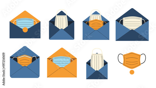 Conceptual illustration showing surgical face masks inside mail envelopes representing health safety communication and delivery services.