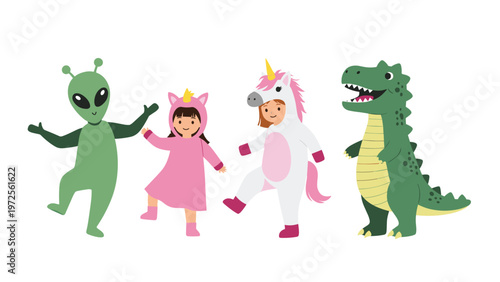 Group of cheerful children wearing colorful costumes such as an alien, a cat, a unicorn, and a dinosaur for a fun holiday party.