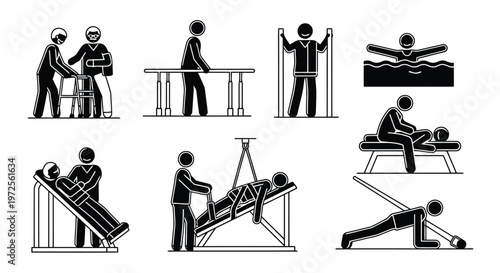 Vector illustration of Physical Therapy and Rehabilitation Exercises with Various Equipment