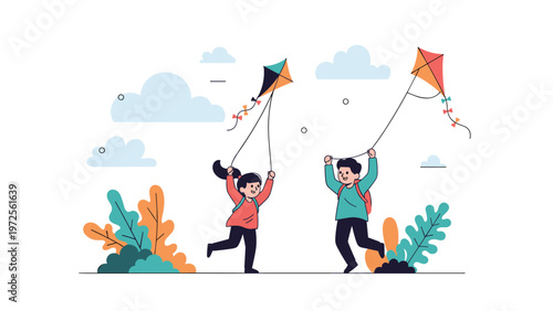 Young boy and girl running and playing outdoors while flying colorful kites in the sky on a cloudy day in a peaceful green park.