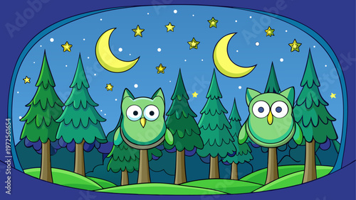 Three cartoon owls sitting on branches under the moon and stars