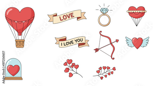 Collection of romantic valentine day themed icons including a heart shaped hot air balloon, diamond ring, and cupid bow and arrow.