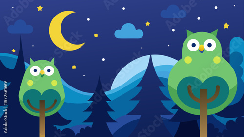 Three cartoon owls sitting on branches under a crescent moon