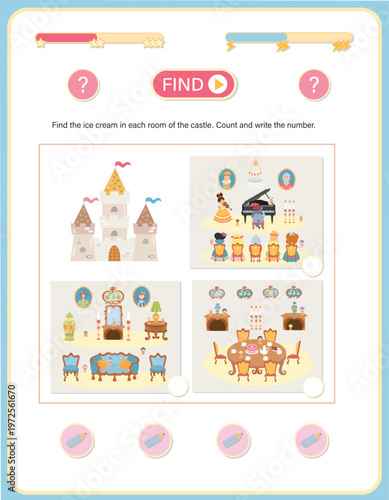 Educational counting game for kids, find and count ice cream in the royal castle rooms. Logic puzzle worksheet with princess, king and palace interior. Fairy tale themed activity page for preschool ch