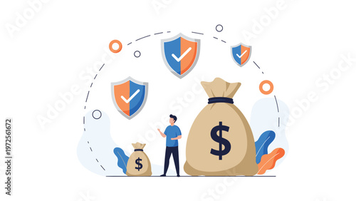Concept of financial security and wealth protection showing a man standing between money bags with protective security shields.