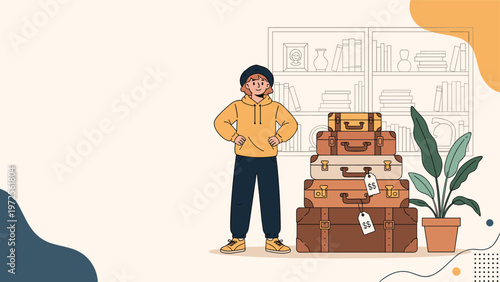 Young traveler standing confidently next to a large stack of vintage brown suitcases with price tags in a library or shop.