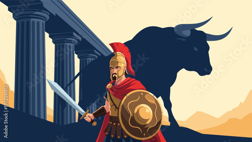 Greek spartan warrior standing with sword and shield in front of ancient columns with a large bull shadow behind him.