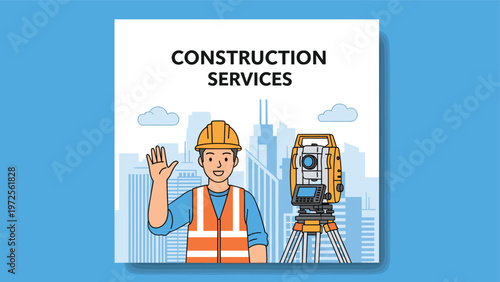 Professional surveyor in a hard hat and safety vest standing with a total station equipment in front of a modern city skyline.