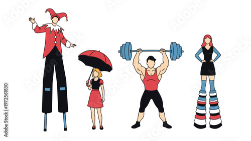 Circus performers including a jester on stilts, woman with umbrella, weightlifter, and a tall performer in striped leggings.