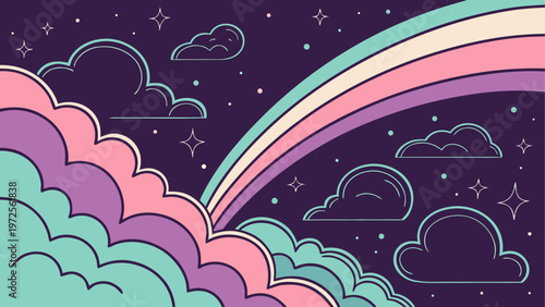 Vibrant rainbow arcs over a dark stormy sky