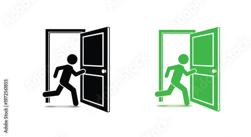 Vector illustration colorful of person running through open doors in green and gray hues