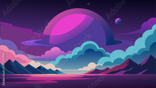 A surreal landscape with a large moon and vibrant neon clouds