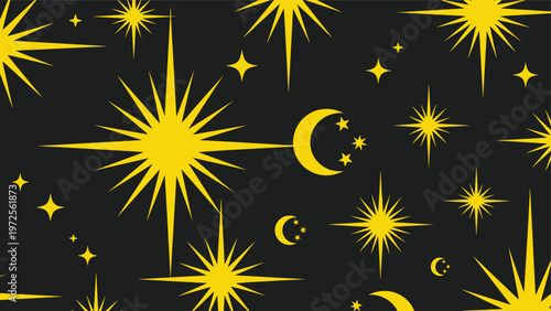Seamless celestial pattern featuring various yellow stars and crescent moons on a dark black night sky background.