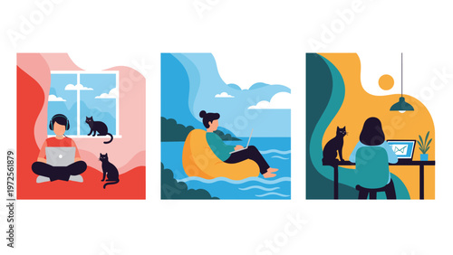 Three different illustrations showing people working on laptops in various settings like by a window, at the beach, and at a desk.