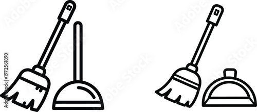 Simple line art illustration of cleaning tools broom and dustpan set in black and white silhouette