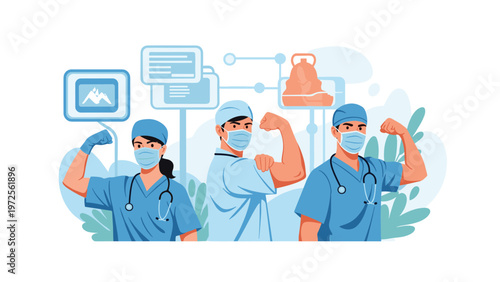 Group of healthcare workers including doctors and nurses flexing their muscles against a blue medical background.