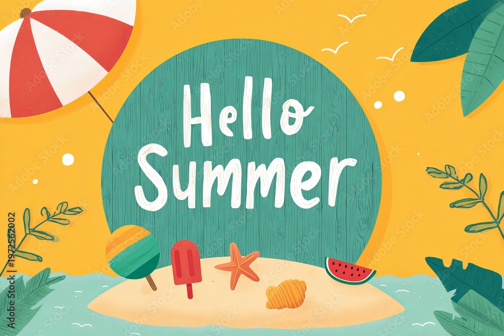 Fototapeta premium Seasonal summer greeting card and flat illustration featuring seaside icons and vibrant colors.