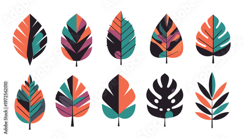 Collection of various tropical and stylized leaves in a colorful flat design style isolated on a plain white background.