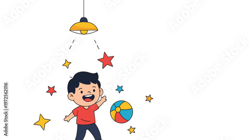 Happy young boy playing with a colorful ball under a hanging lamp with stars floating around him on a white background.