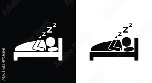 Vector illustration monochrome sleeping person lying in bed with zzz above head on white background