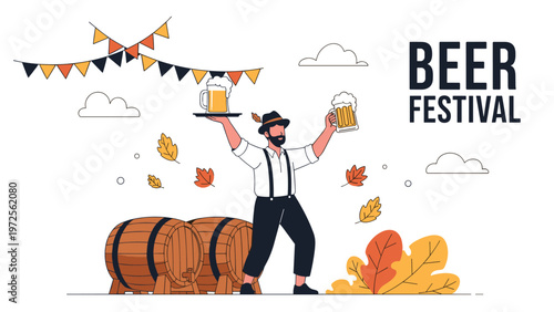 Beer festival promotional illustration featuring a man in traditional bavarian clothing holding beer mugs next to barrels.