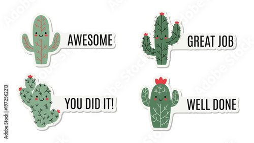 Cute cartoon cactus stickers featuring happy faces and motivational reward phrases like awesome and well done for kids.
