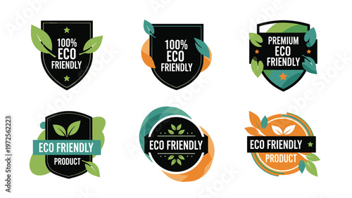 Collection of premium eco friendly and 100 percent natural product labels with green leaves and shield shapes on white.
