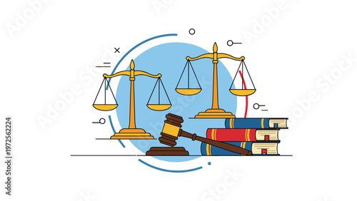 Illustration of justice scales, a legal gavel, and a stack of law books representing the judicial and legal systems.