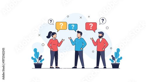 Group of diverse people standing and talking with colorful speech bubbles and question marks representing communication.