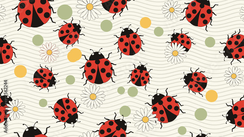 Seamless pattern featuring cute ladybugs and daisy flowers with colorful dots on a wavy textured background for kids.