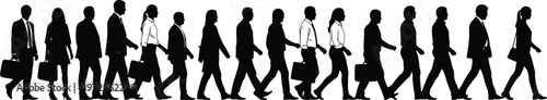 Business people walking silhouettes in a row, corporate professionals with briefcases, office workers commuting, teamwork concept, urban lifestyle, human movement illustration isolated set