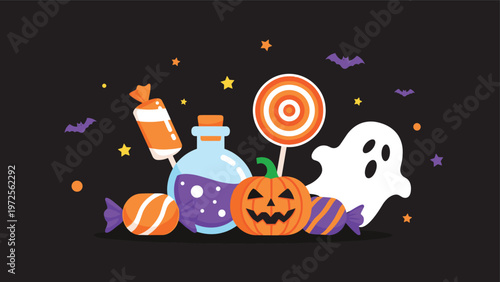 Colorful Halloween elements including a carved pumpkin ghost potion bottle and various candies on a dark background.