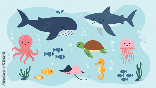 Collection of cute cartoon sea creatures including a whale shark turtle octopus and jellyfish in the blue ocean.