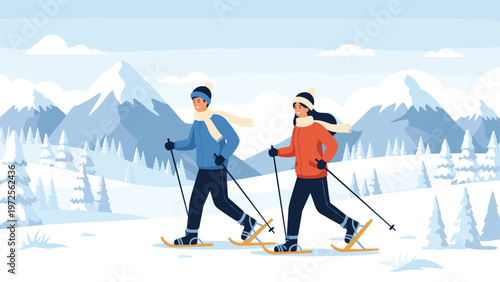 Couple engaged in winter snowshoeing through a beautiful snowy mountain landscape with many evergreen pine trees.