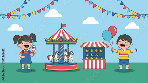 Children playing at a carnival with a horse carousel a duck game stall and colorful balloons in a public park.