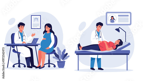 Healthcare illustration showing a pregnant woman during a consultation and an ultrasound checkup with a doctor.