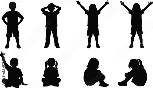 Collection of children silhouettes in various poses, kids standing, sitting and raising hands, playful activity, childhood concept, human gestures illustration set isolated