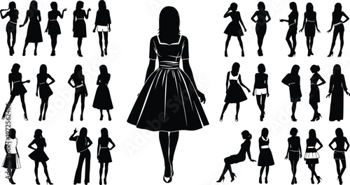 Collection of female silhouettes in various poses with dresses representing fashion style elegance modern women clothing outfit design and stylish character illustration set isolated