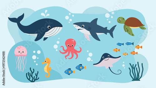 Wide collection of cute cartoon sea creatures including whales sharks turtles and colorful fish in deep blue water.