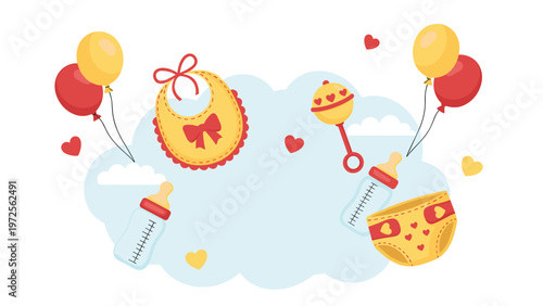 Baby shower elements including feeding bottles bib rattle and diaper arranged on a soft blue cloud background.