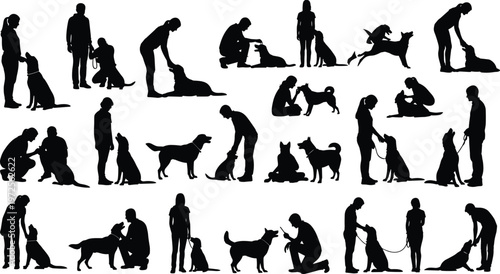 Collection of people interacting with dogs silhouettes showing training playing and bonding moments representing pet care companionship animal love and human canine relationship concept