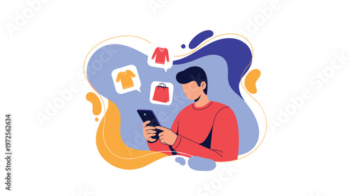 Young man uses his smartphone to browse an online clothing store with floating icons of shirts and a red shopping bag.