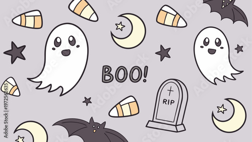 Halloween ghost and moon illustrations with spooky elements