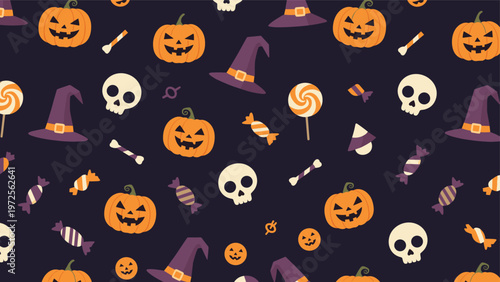 Playful seamless pattern for Halloween featuring pumpkins, skulls, witch hats, and assorted candies on a dark background.