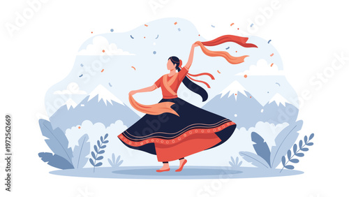 Graceful woman in traditional clothing performs a dance in a scenic mountain landscape with festive confetti in the air.